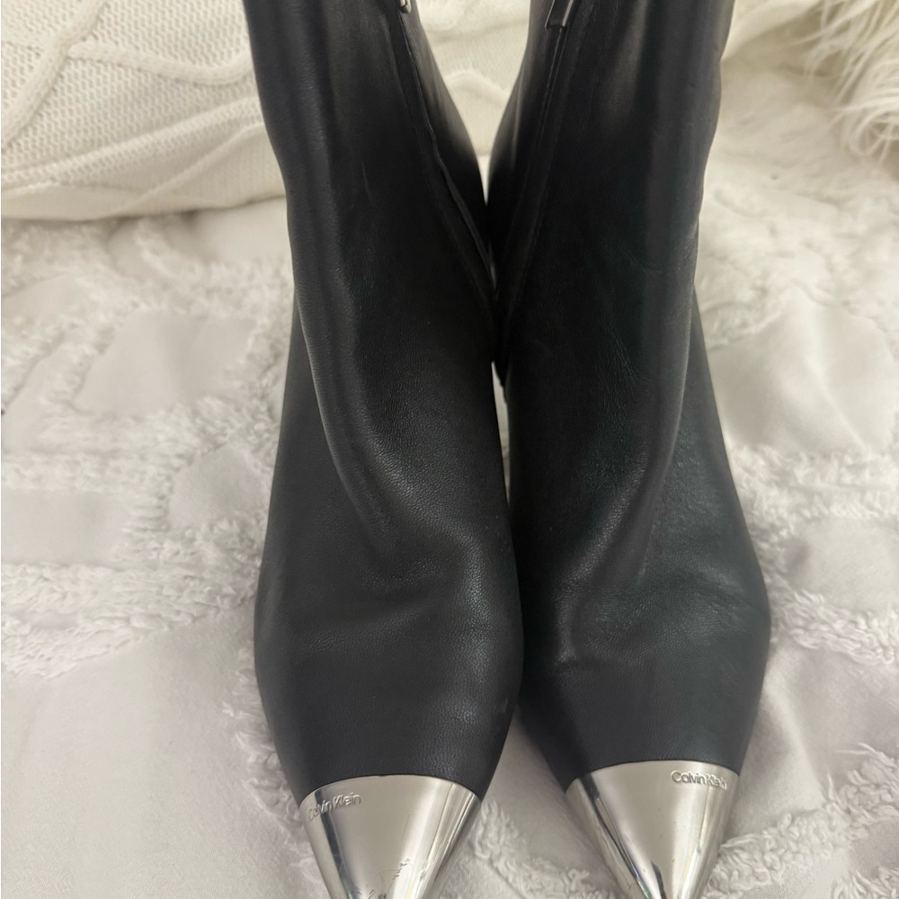 Calvin Klein Black Leather Ankle Boots with Silver Toe Caps